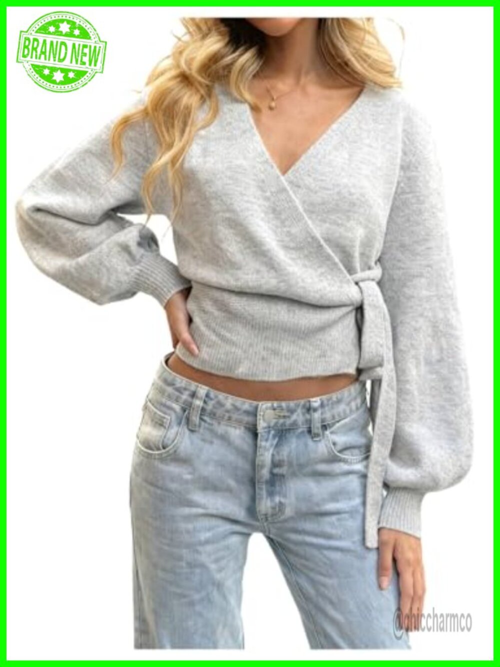 V Neck Wrap Sweater Cardigan Tie Knot Bishop Sleeve Cropped Rib Knit